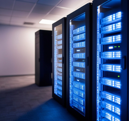 Modern enterprise data center with rows of server racks, network infrastructure, and blinking status lights supporting secure data storage and processing.
