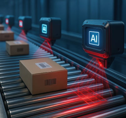 "AI inspection system scanning products on a conveyor belt in a manufacturing plant."