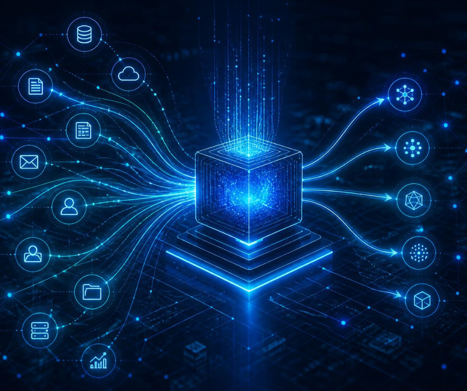 Abstract visualization of interconnected data networks feeding an AI processing system, representing enterprise data governance and scalable AI adoption.
