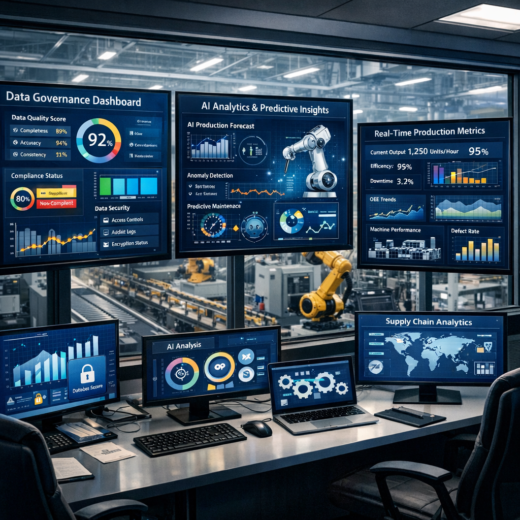 Modern Manufacturing Control Room with Data Dashboards and AI Analytics